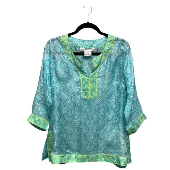 Gretchen Scott Turquoise Lime 3/4 Sleeve Easy Breezy Silk Tunic Womens Large - Picture 3 of 8